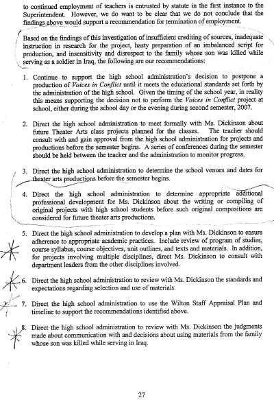 Page from the Low Committee’s report on WHS theater teacher Bonnie Dickinson
